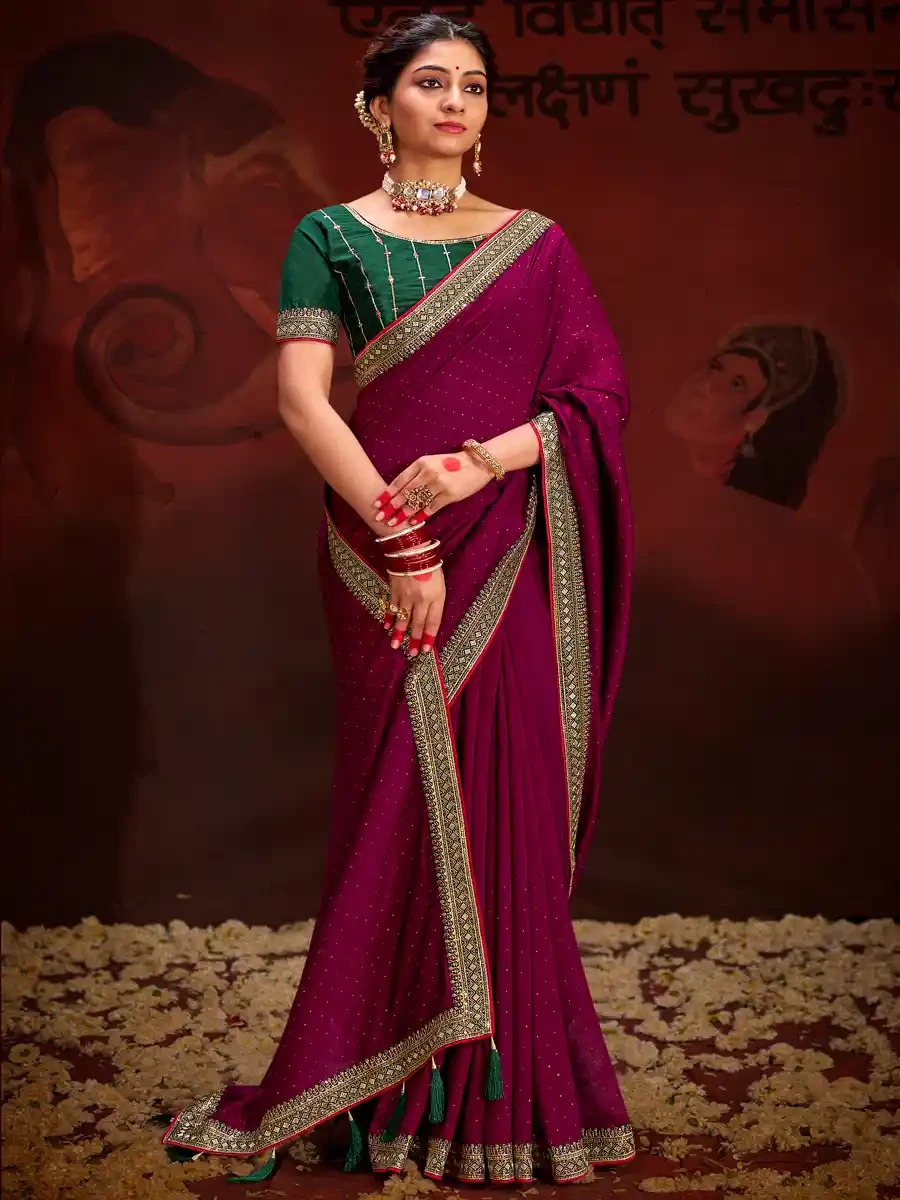 Wine Vichitra Bluming Embroidered Festival Party Heavy Border Saree