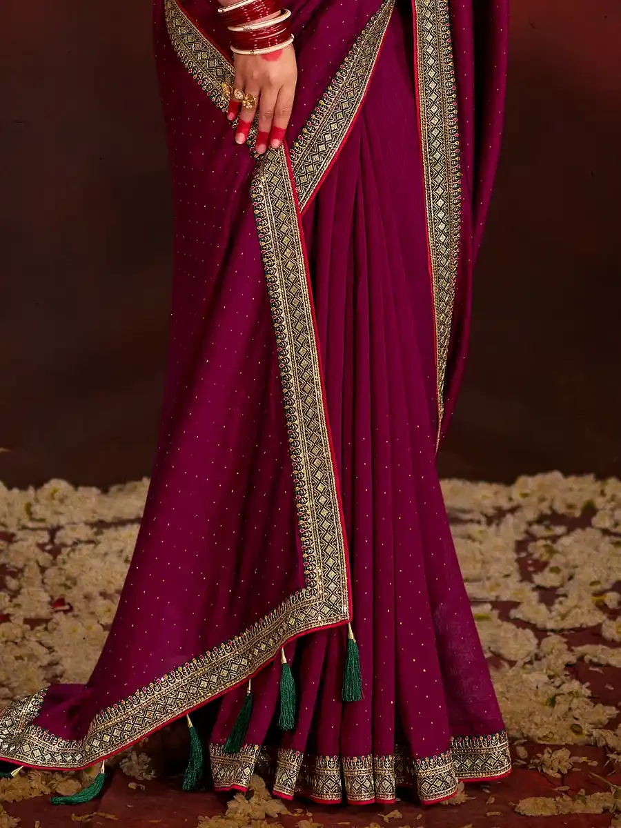 Wine Vichitra Bluming Embroidered Festival Party Heavy Border Saree