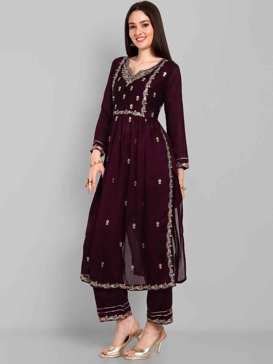 Wine Vichitra Silk Embroidered Festival Casual Ready Pant Salwar Kameez