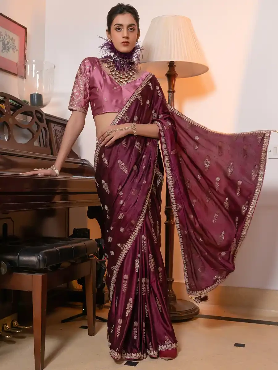 Wine Viscose Satin Silk Embroidered Reception Party Heavy Border Saree