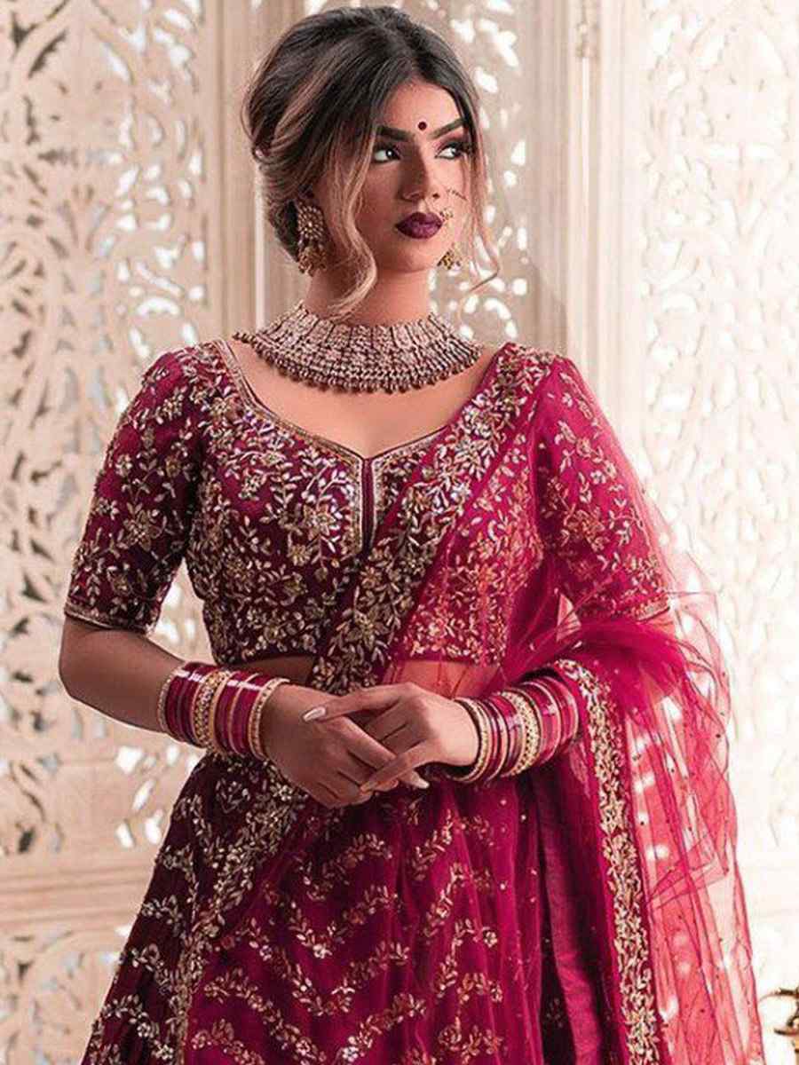 WineSilk Embroidery Reception Party Wear Heavy Border Lehenga Choli