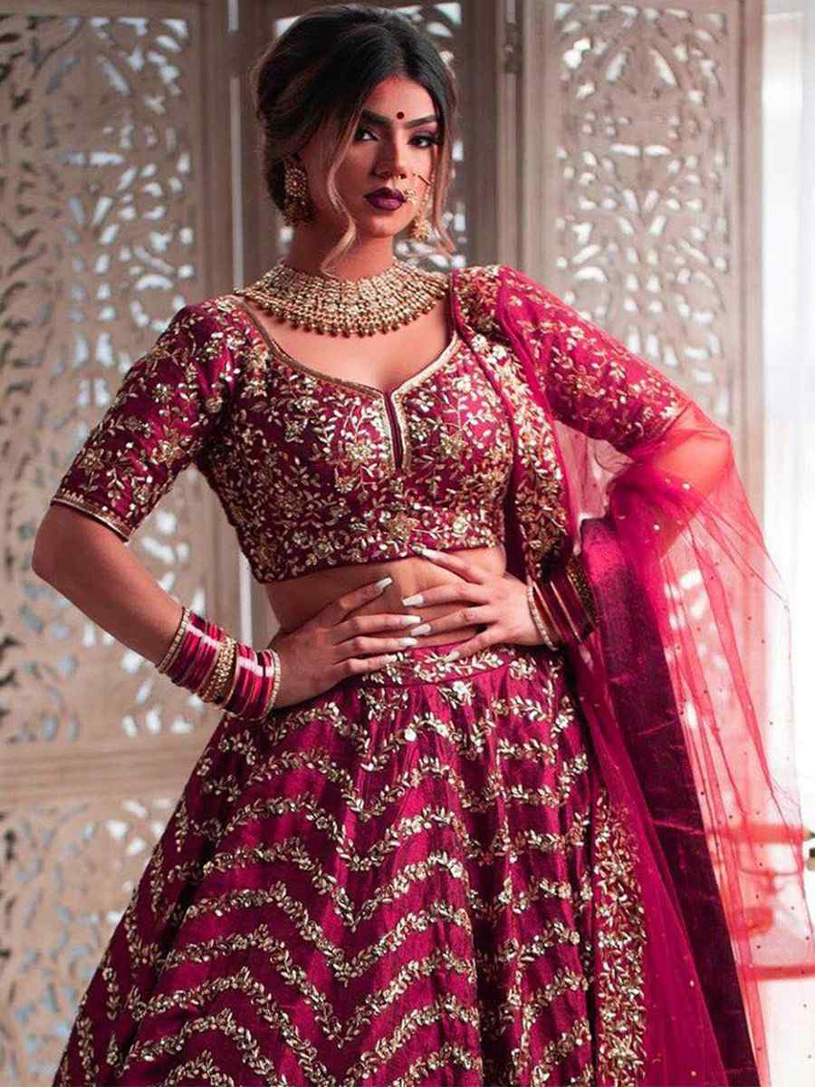 WineSilk Embroidery Reception Party Wear Heavy Border Lehenga Choli