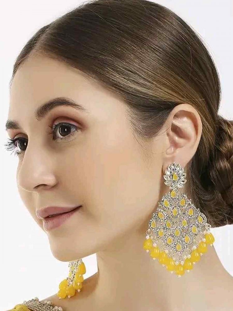 Yellow Alloy Festival Wear Kundan Earrings