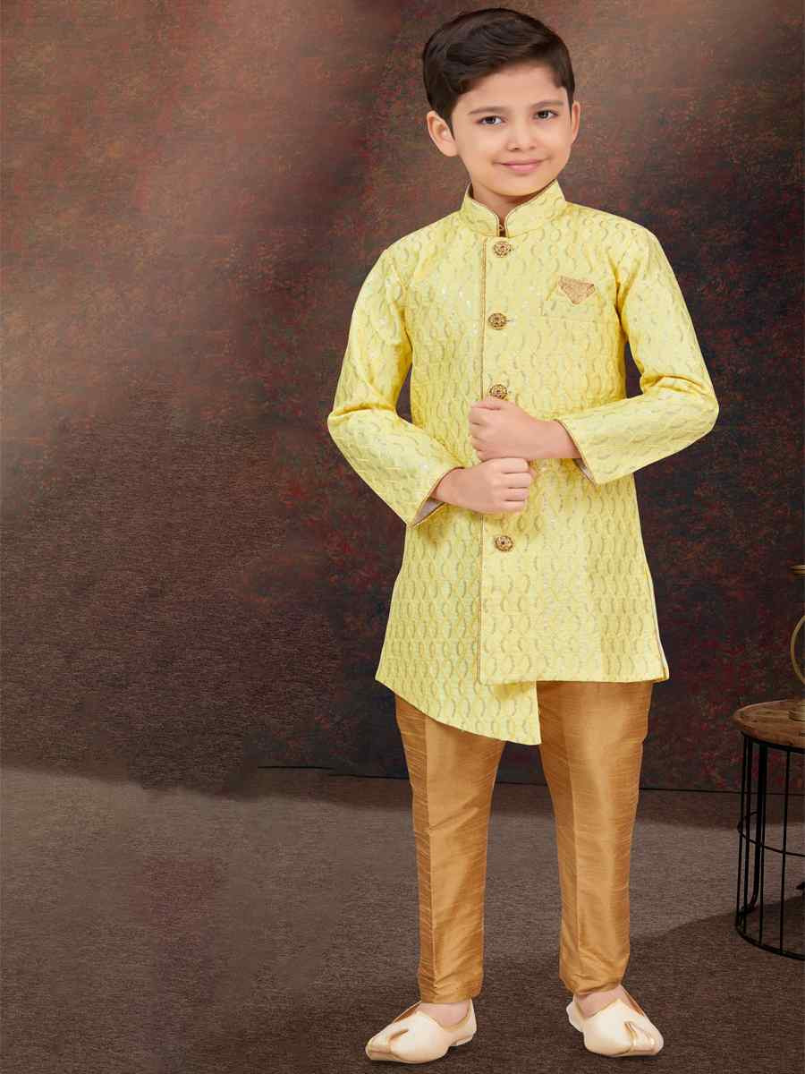 Yellow Art Silk Embroidered Festival Wedding Kurta Pyjama Boys Wear