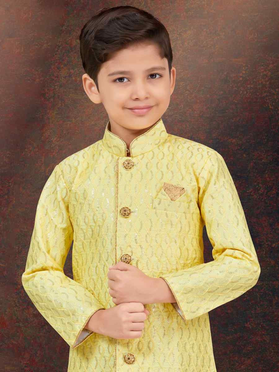 Yellow Art Silk Embroidered Festival Wedding Kurta Pyjama Boys Wear