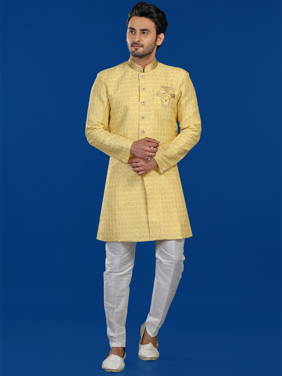 Yellow Art Silk Embroidered Party Wedding Kurta