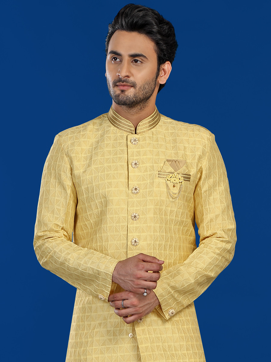 Yellow Art Silk Embroidered Party Wedding Kurta