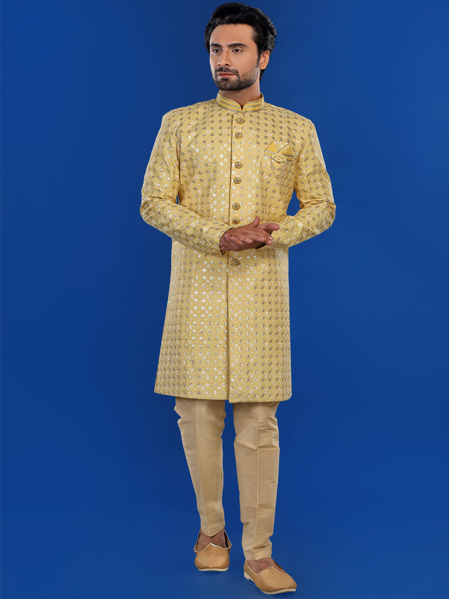 Yellow Art Silk Embroidered Party Wedding Kurta