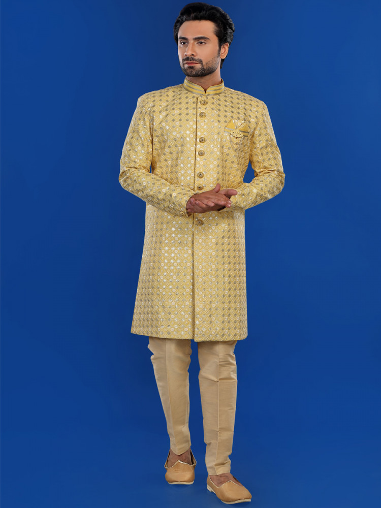 Yellow Art Silk Embroidered Party Wedding Kurta