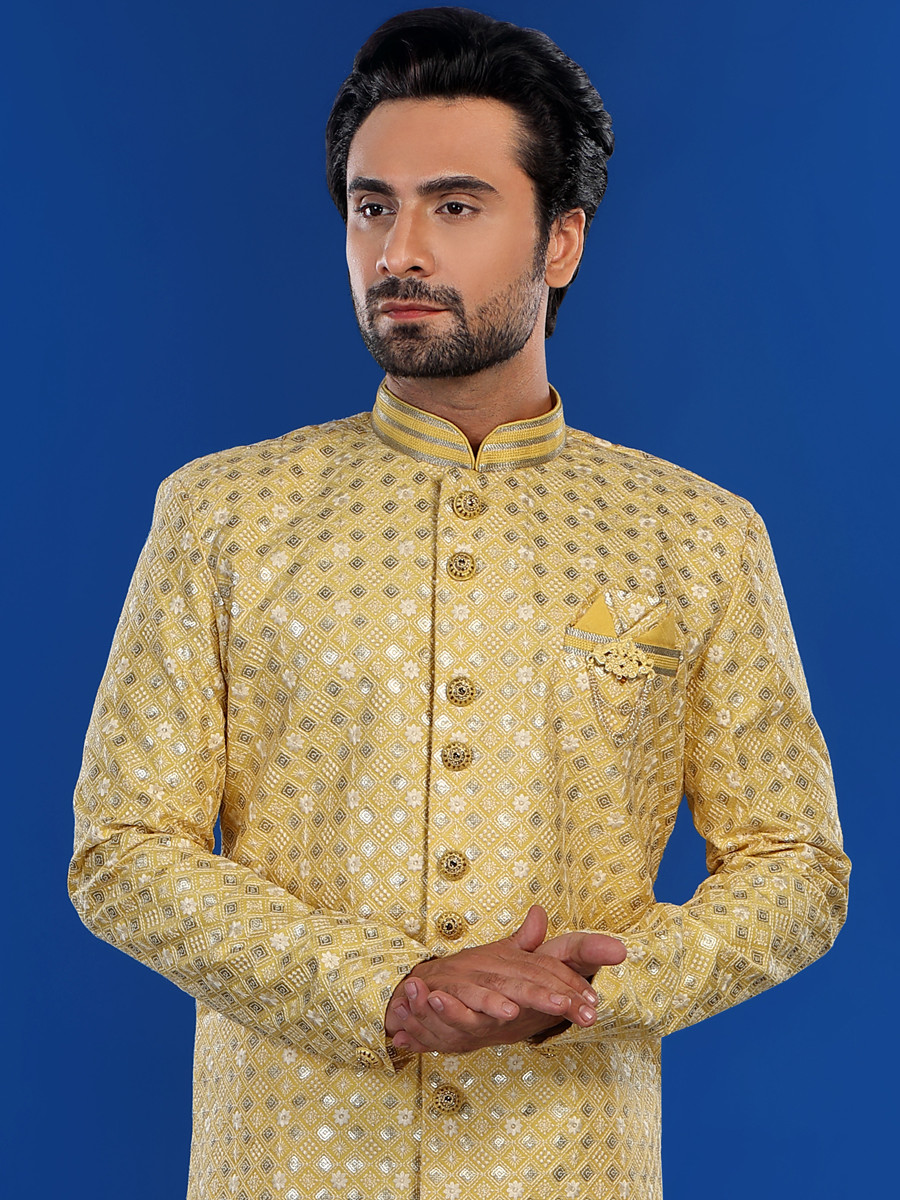 Yellow Art Silk Embroidered Party Wedding Kurta