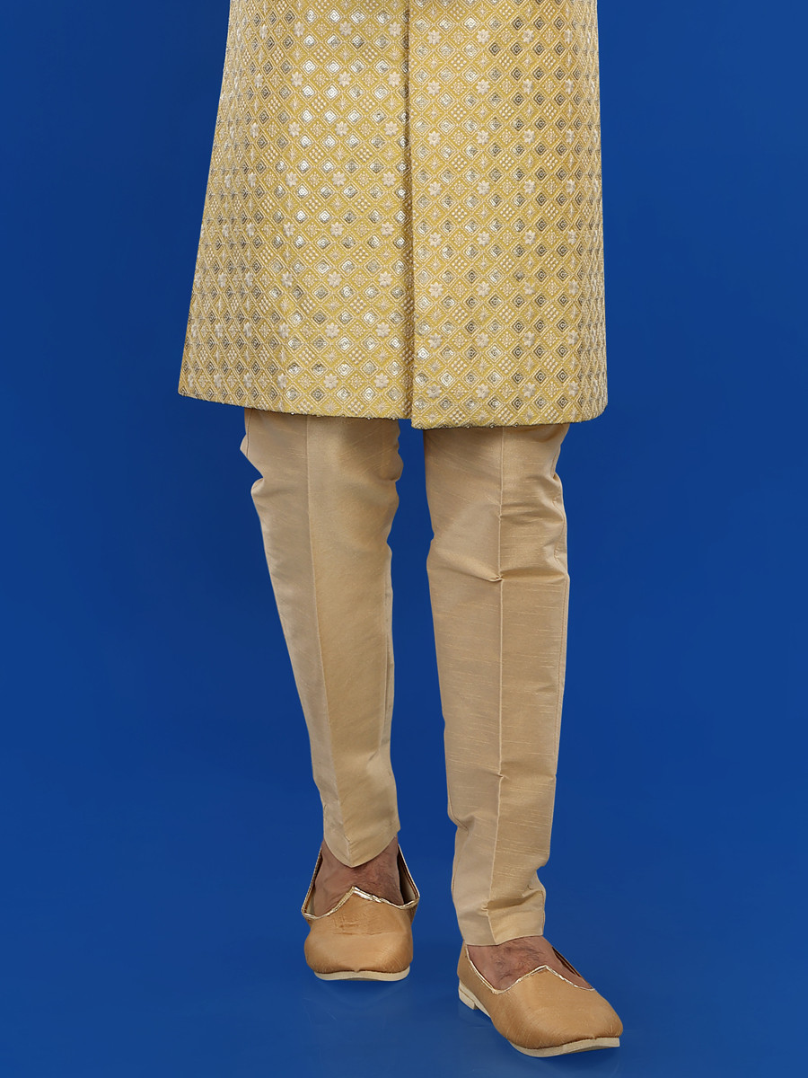 Yellow Art Silk Embroidered Party Wedding Kurta