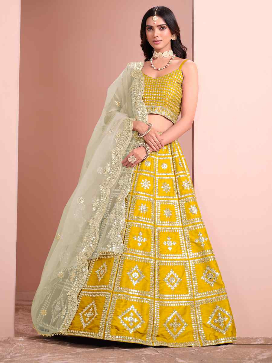 Yellow Art Silk Embroidered Wedding Festival Heavy Border Lehenga Choli