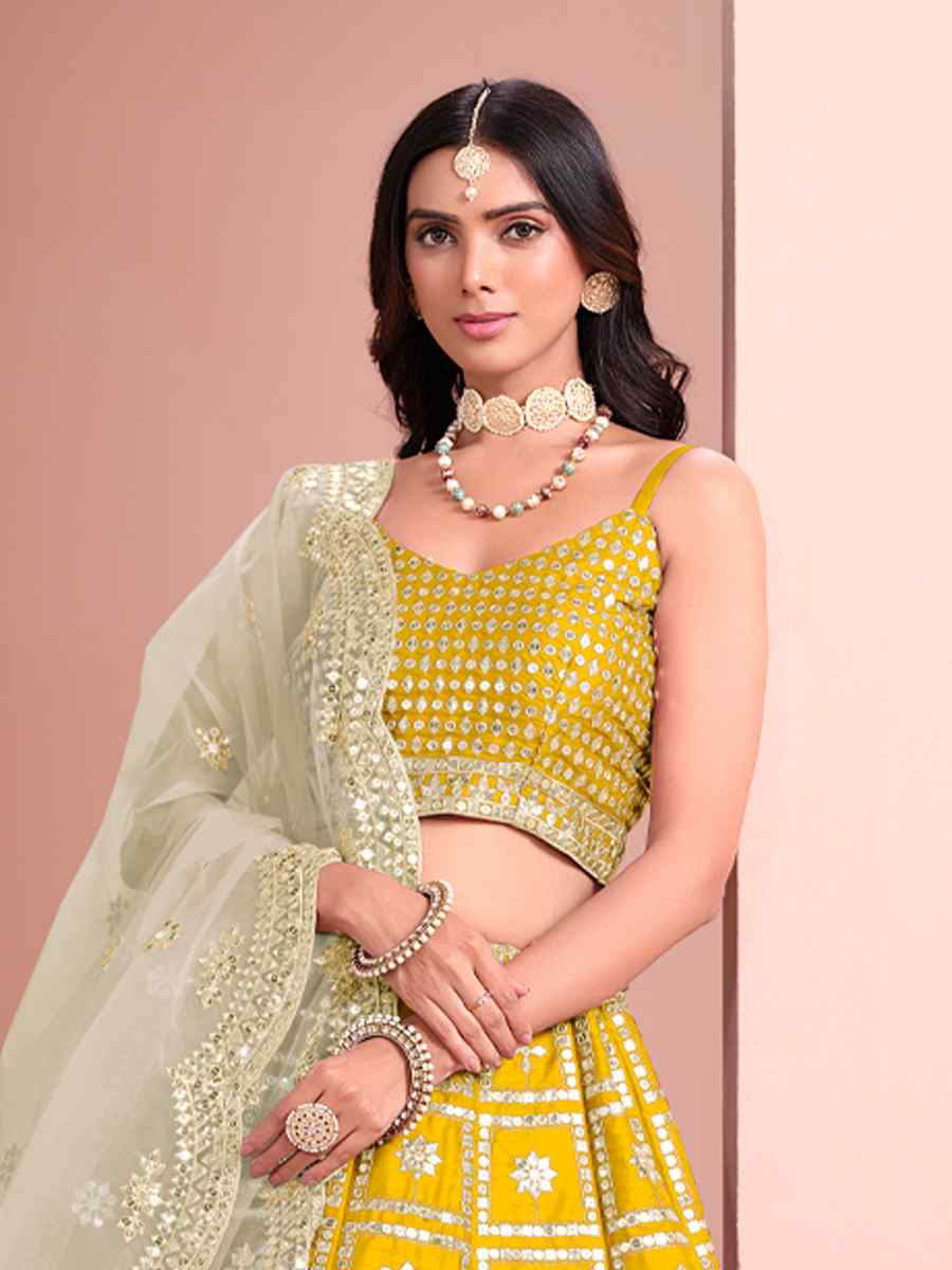 Yellow Art Silk Embroidered Wedding Festival Heavy Border Lehenga Choli