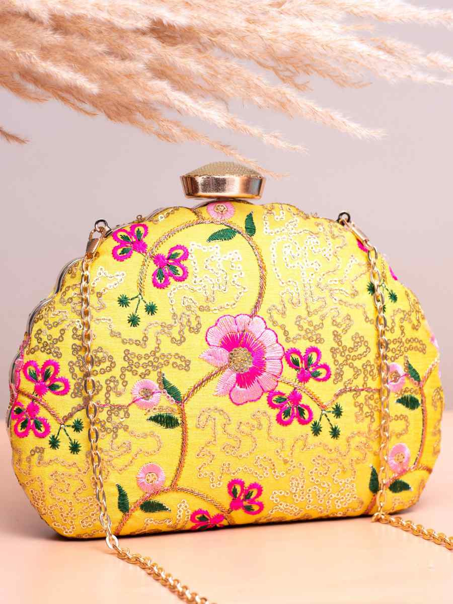 Yellow Art Silk Party Wear Embroidered Clutches