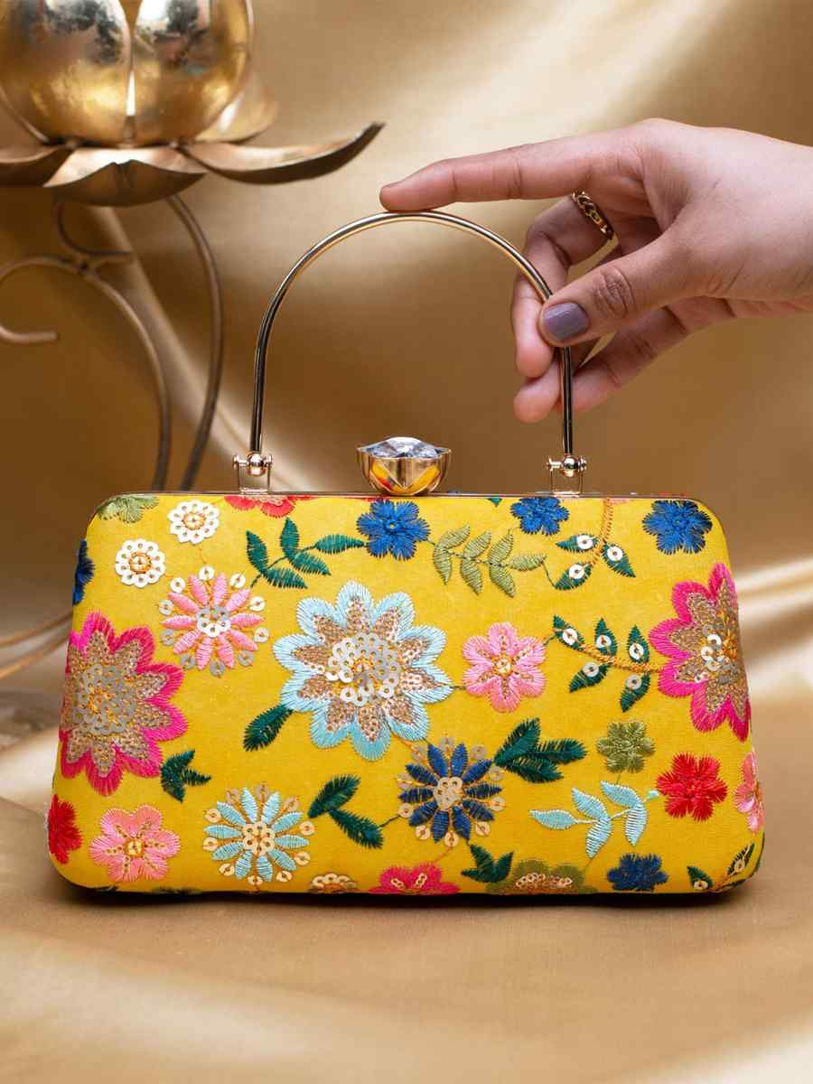 Yellow Art Silk Party Wear Embroidered Clutches