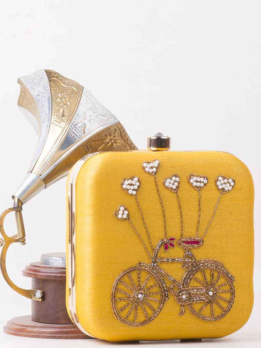 Yellow Art Silk Party Wear Embroidered Clutches