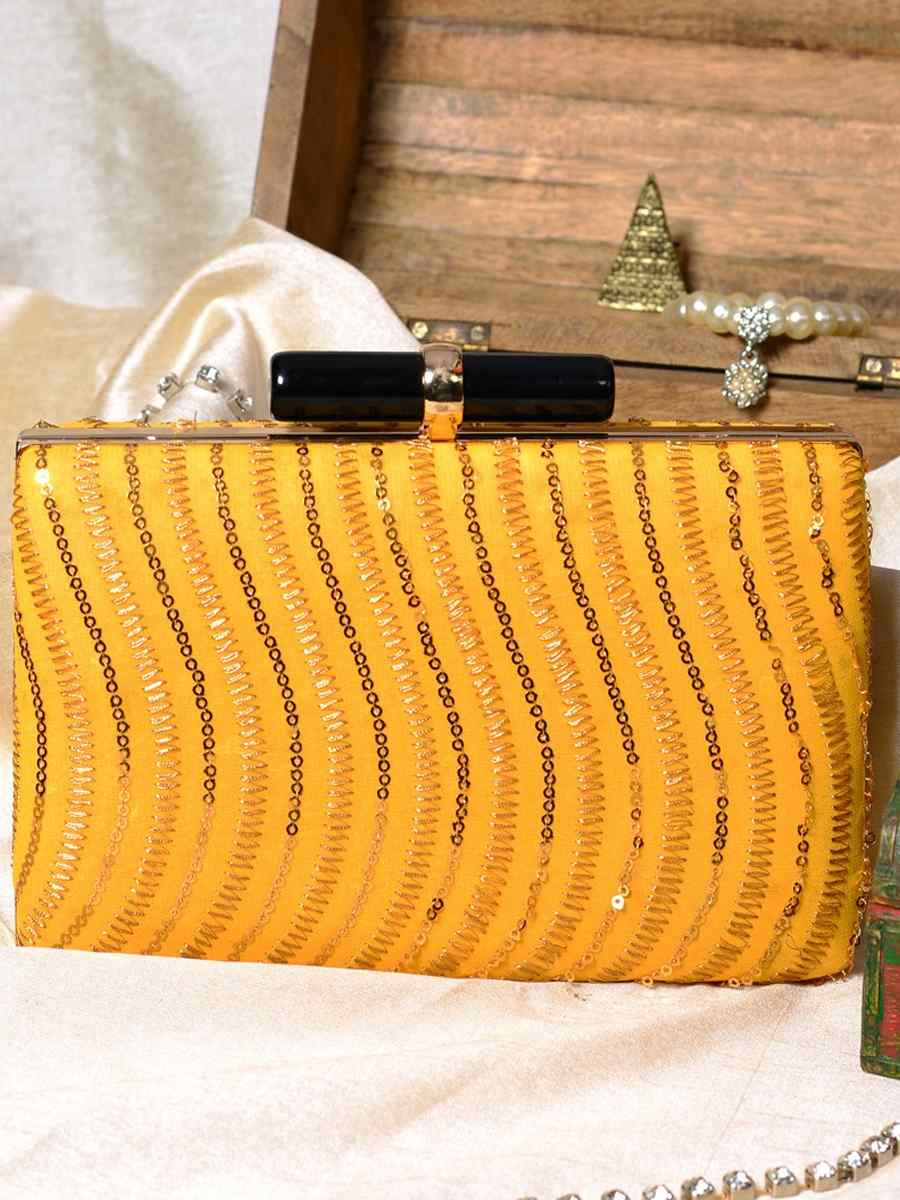 Yellow Art Silk Party Wear Embroidered Clutches