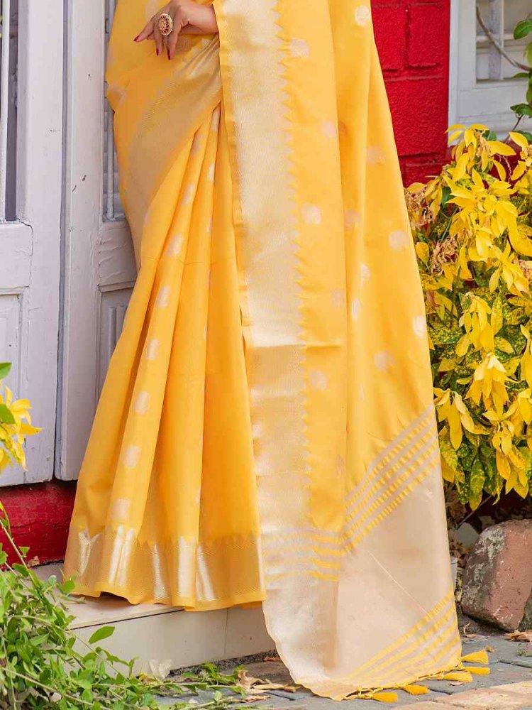 Canary Yellow Saree with Embroidered Border, Lemon Blouse & Silver Details  - Seasons India