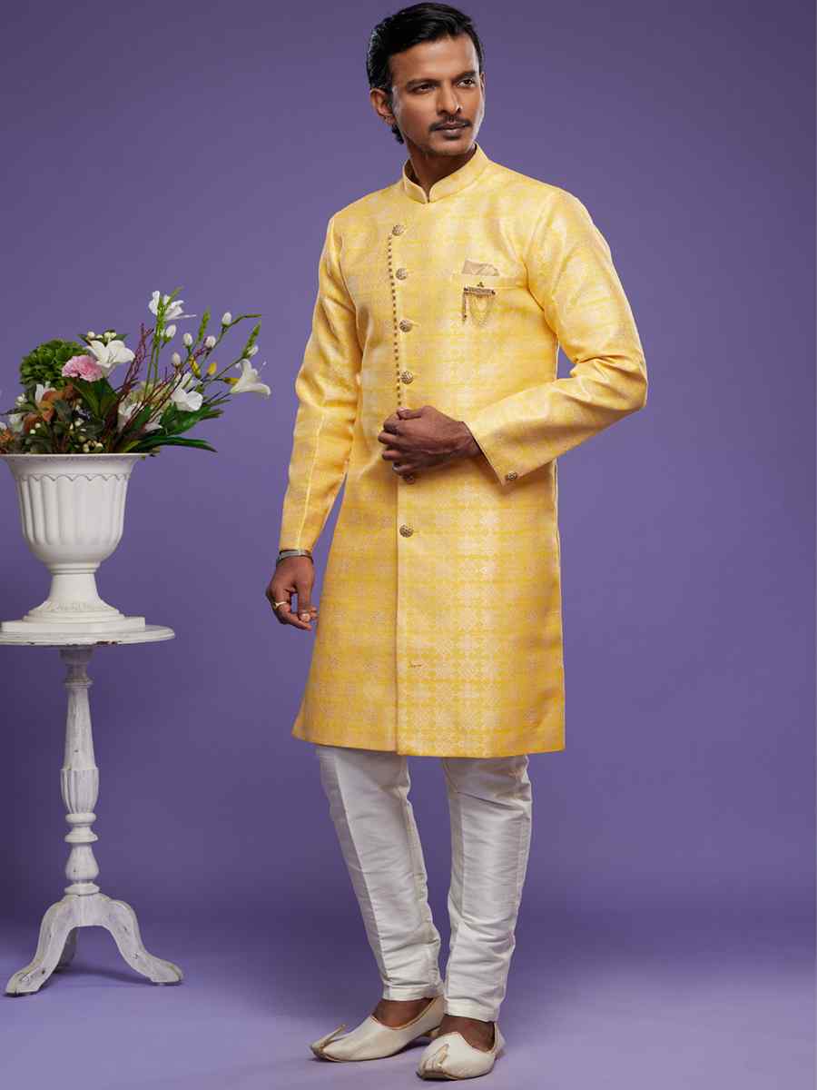 Yellow Banarasi Jacquard Woven Wedding Party Sherwani