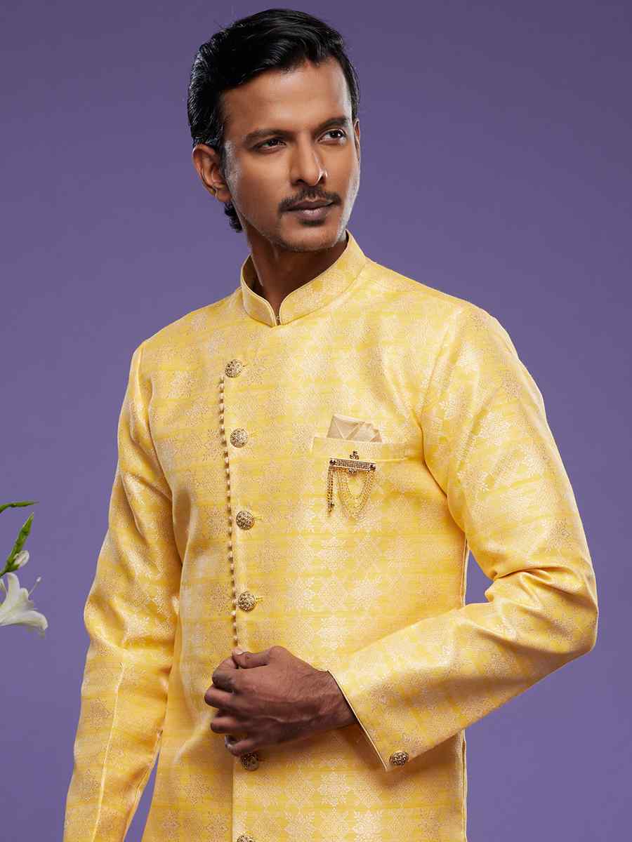 Yellow Banarasi Jacquard Woven Wedding Party Sherwani