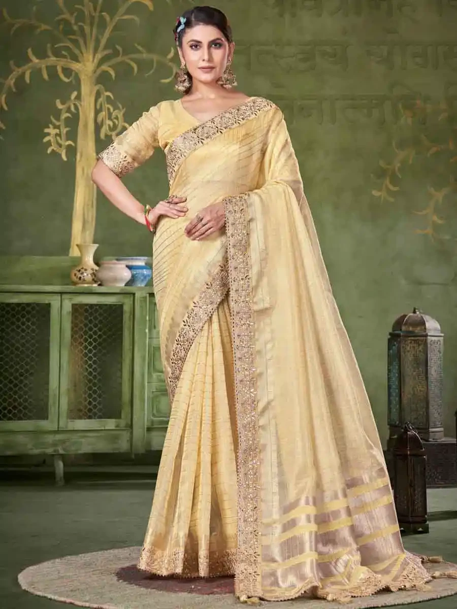 Yellow Banarasi Linen Embroidered Festival Party Heavy Border Saree