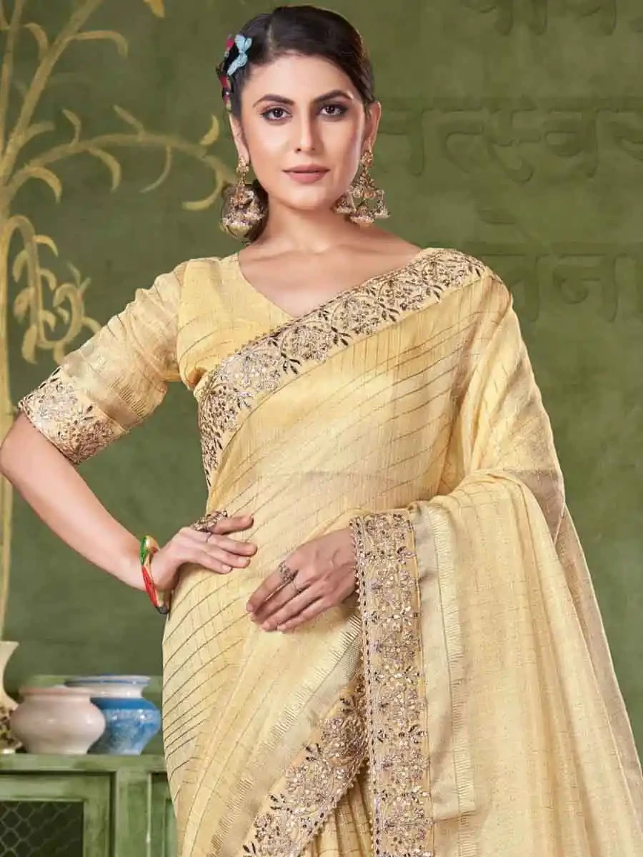 Yellow Banarasi Linen Embroidered Festival Party Heavy Border Saree