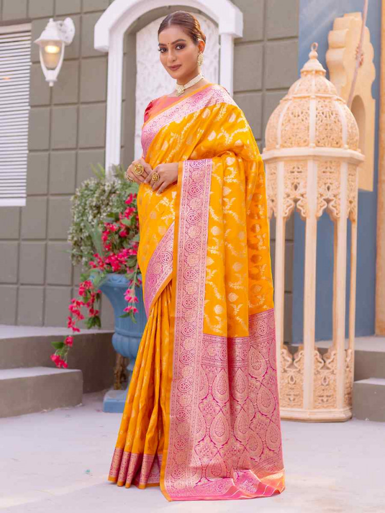 Yellow Banarasi Satin Silk Handwoven Festival Wedding Heavy Border Saree