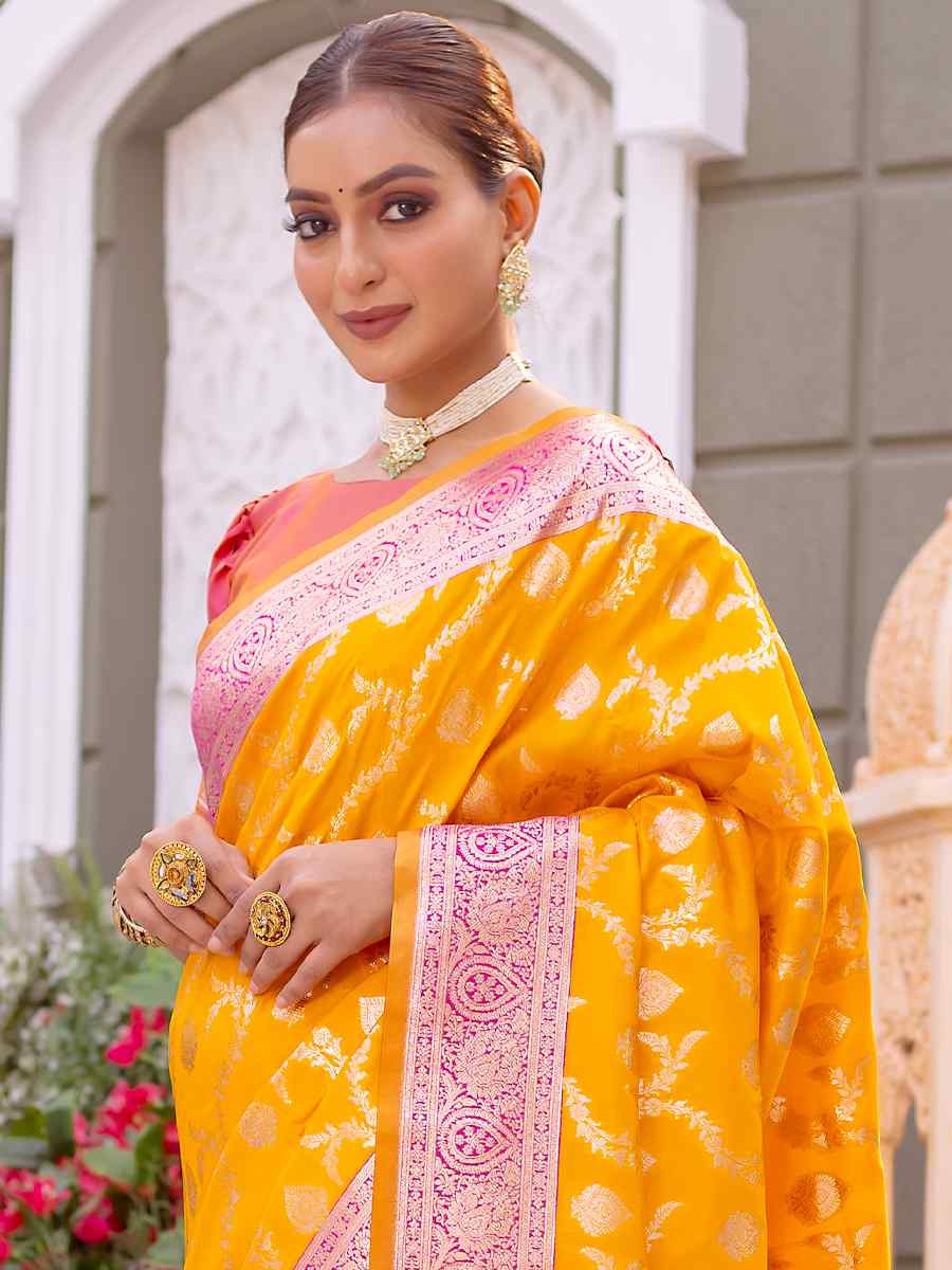 Yellow Banarasi Satin Silk Handwoven Festival Wedding Heavy Border Saree