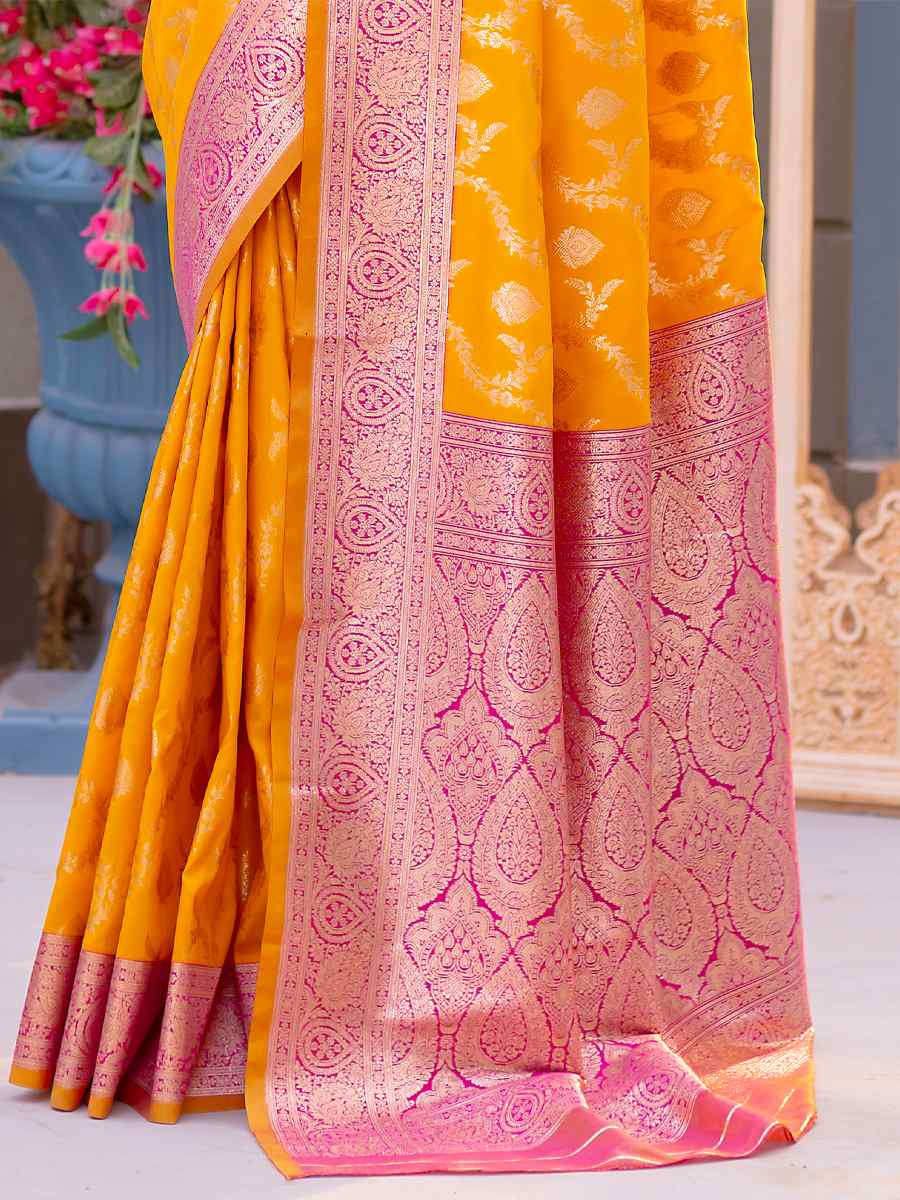 Yellow Banarasi Satin Silk Handwoven Festival Wedding Heavy Border Saree