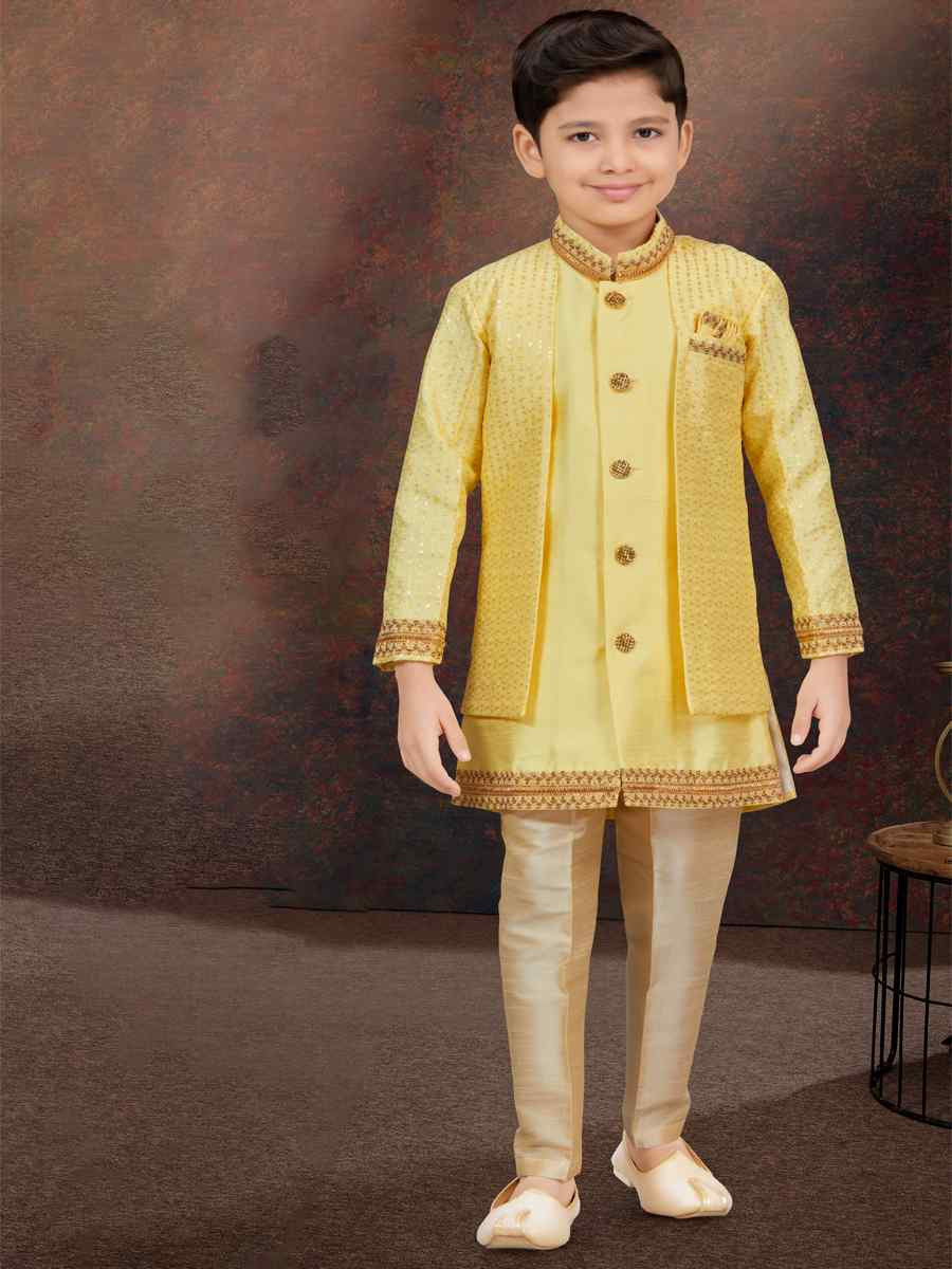 Yellow Banarasi Silk Embroidered Festival Wedding Kurta Pyjama Boys Wear