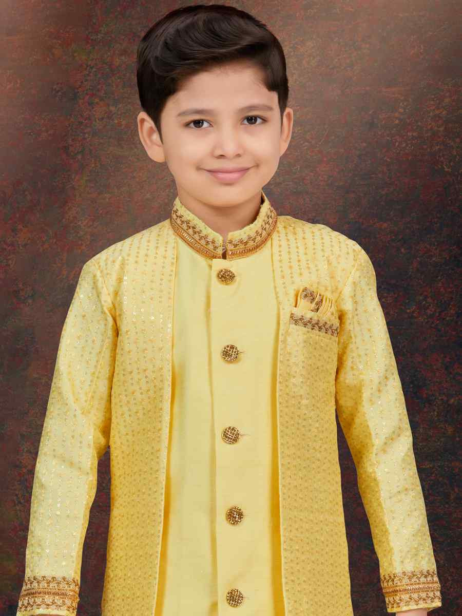 Yellow Banarasi Silk Embroidered Festival Wedding Kurta Pyjama Boys Wear