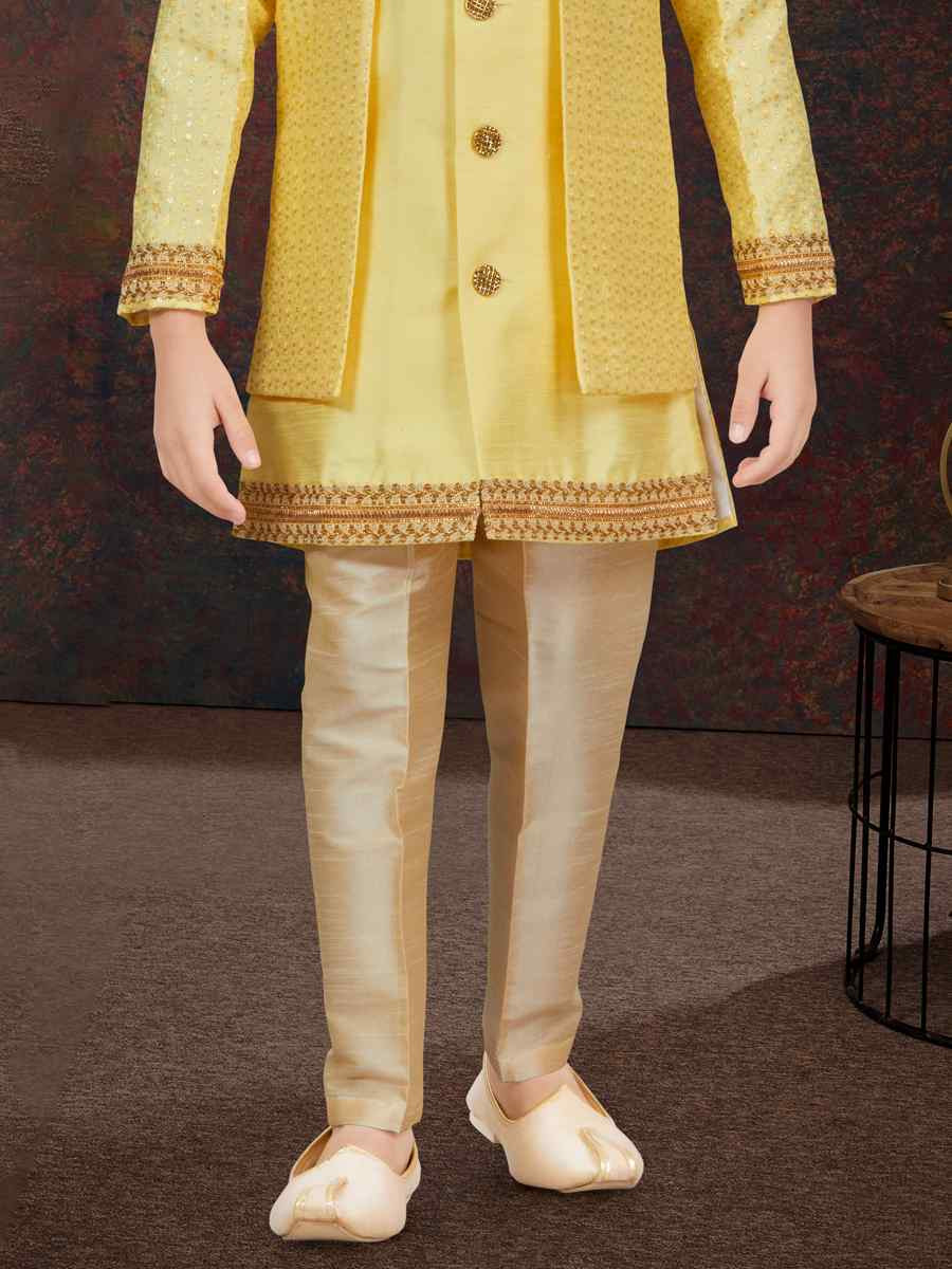 Yellow Banarasi Silk Embroidered Festival Wedding Kurta Pyjama Boys Wear