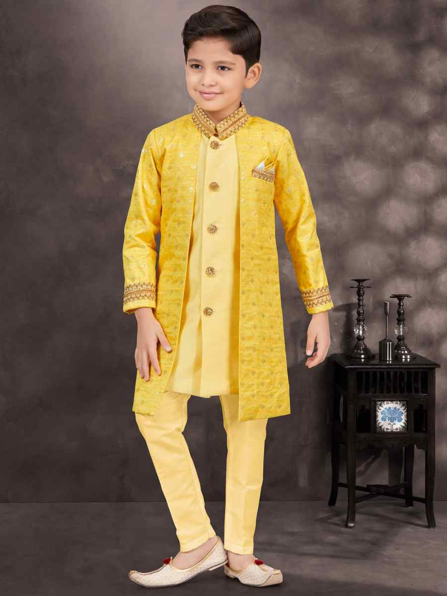 Yellow Banarasi Silk Embroidered Festival Wedding Kurta Pyjama Boys Wear