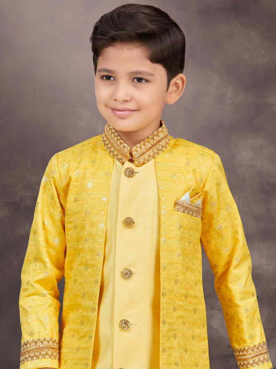 Yellow Banarasi Silk Embroidered Festival Wedding Kurta Pyjama Boys Wear