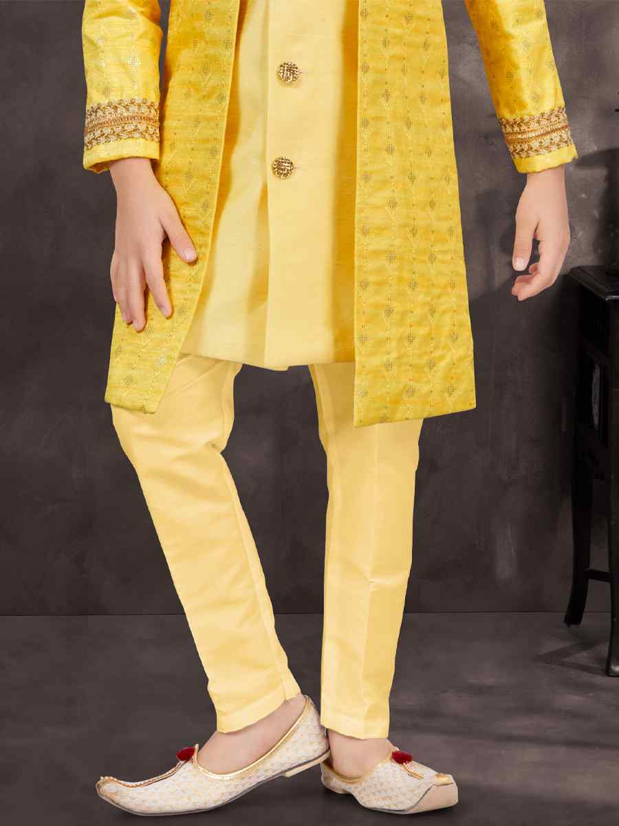 Yellow Banarasi Silk Embroidered Festival Wedding Kurta Pyjama Boys Wear