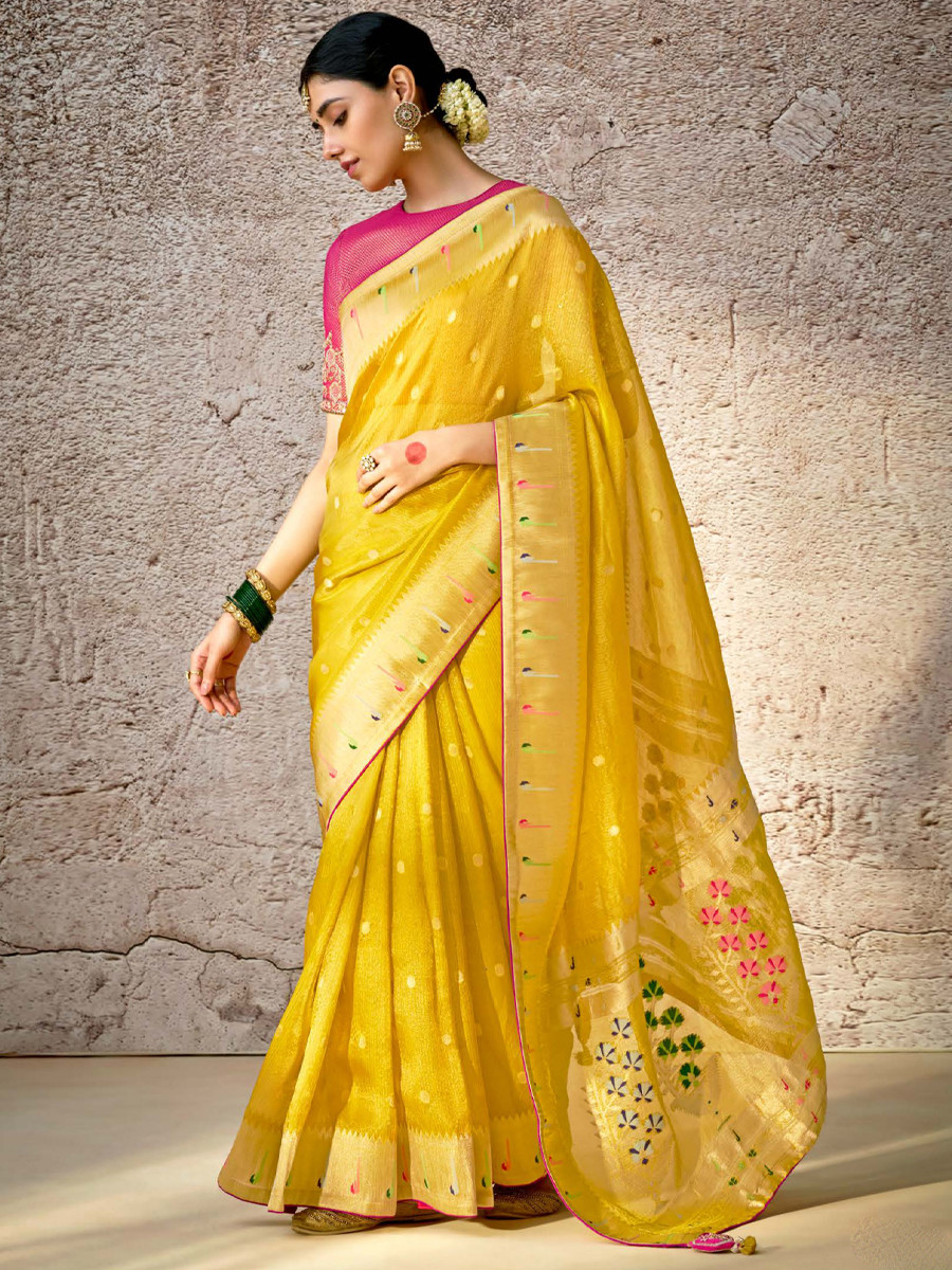 Yellow Banarasi Silk Embroidered Reception Wedding Heavy Border Saree