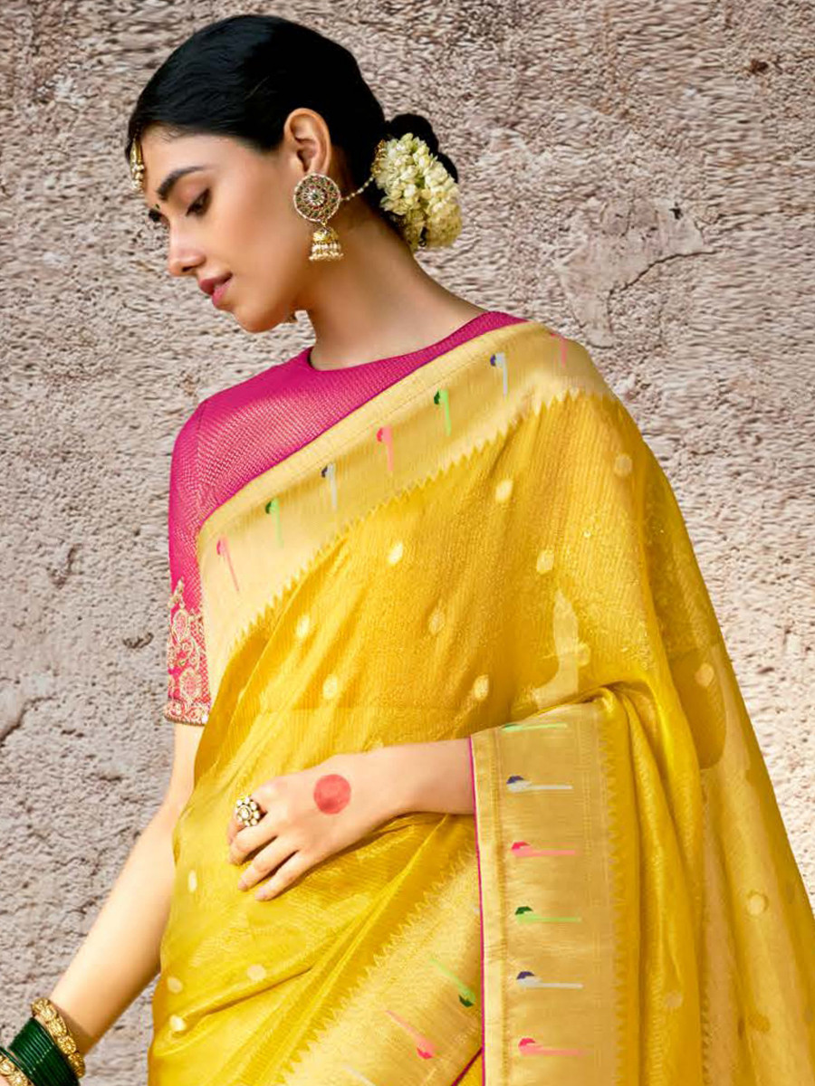 Yellow Banarasi Silk Embroidered Reception Wedding Heavy Border Saree