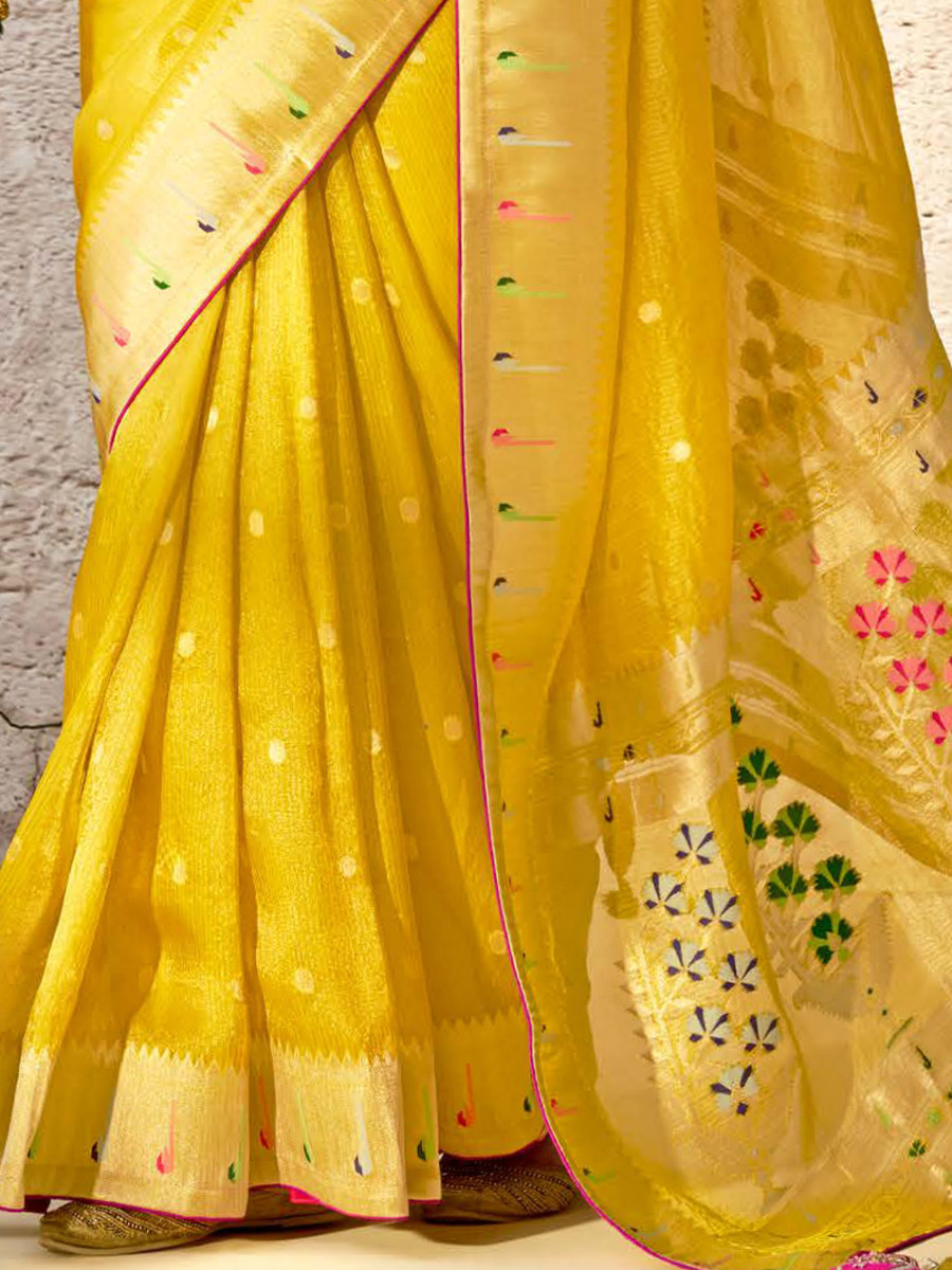 Yellow Banarasi Silk Embroidered Reception Wedding Heavy Border Saree