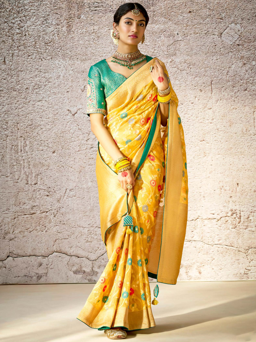 Yellow Banarasi Silk Embroidered Reception Wedding Heavy Border Saree