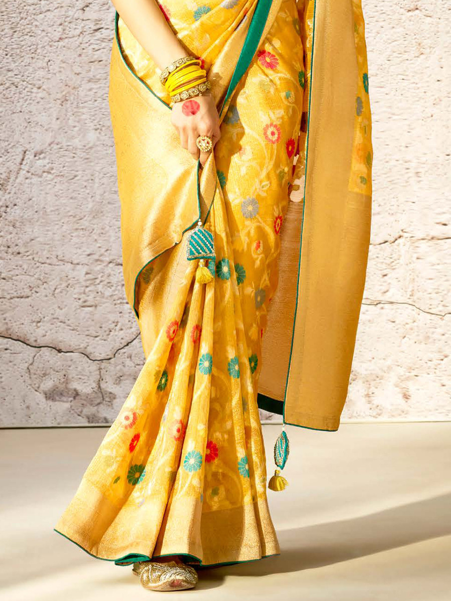 Yellow Banarasi Silk Embroidered Reception Wedding Heavy Border Saree