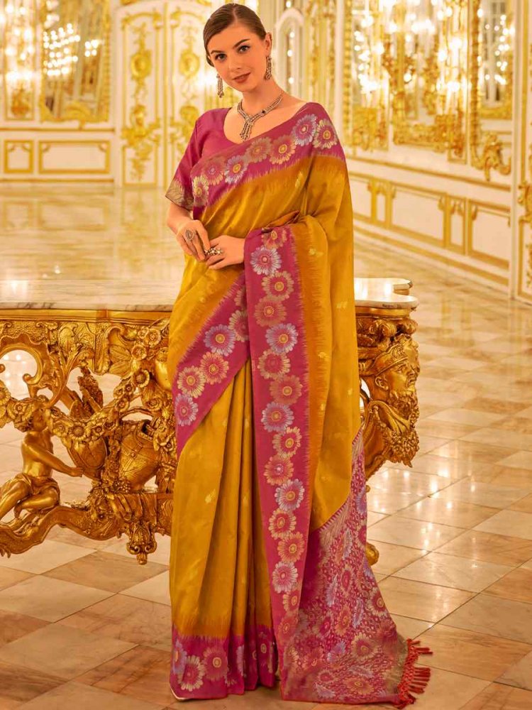 Yellow Banarasi Silk Printed Casual Festival Contemporary Saree