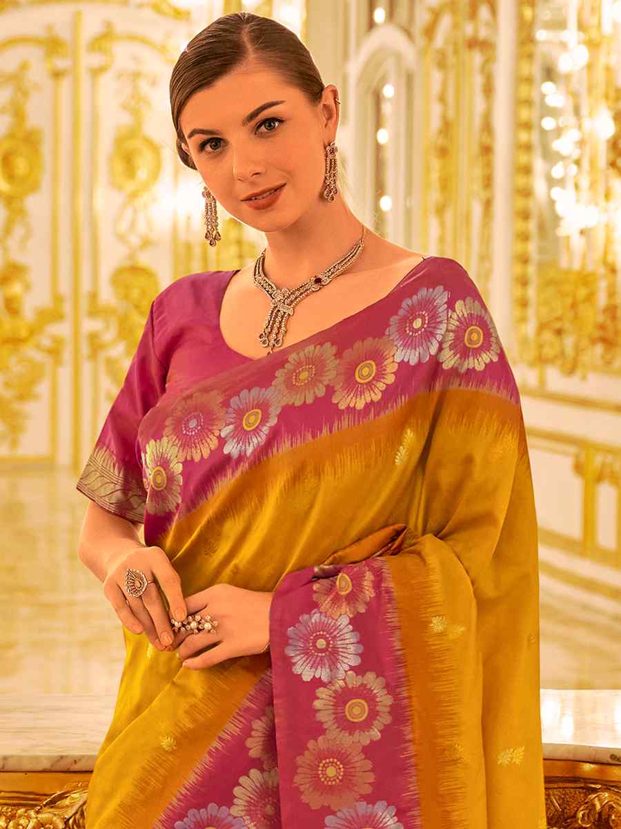 Yellow Banarasi Silk Printed Casual Festival Contemporary Saree