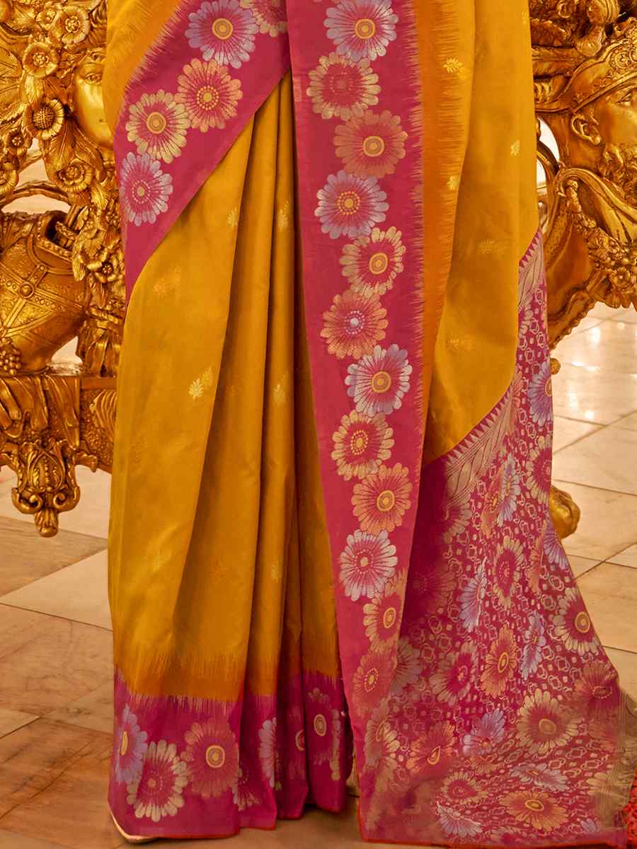 Yellow Banarasi Silk Printed Casual Festival Contemporary Saree