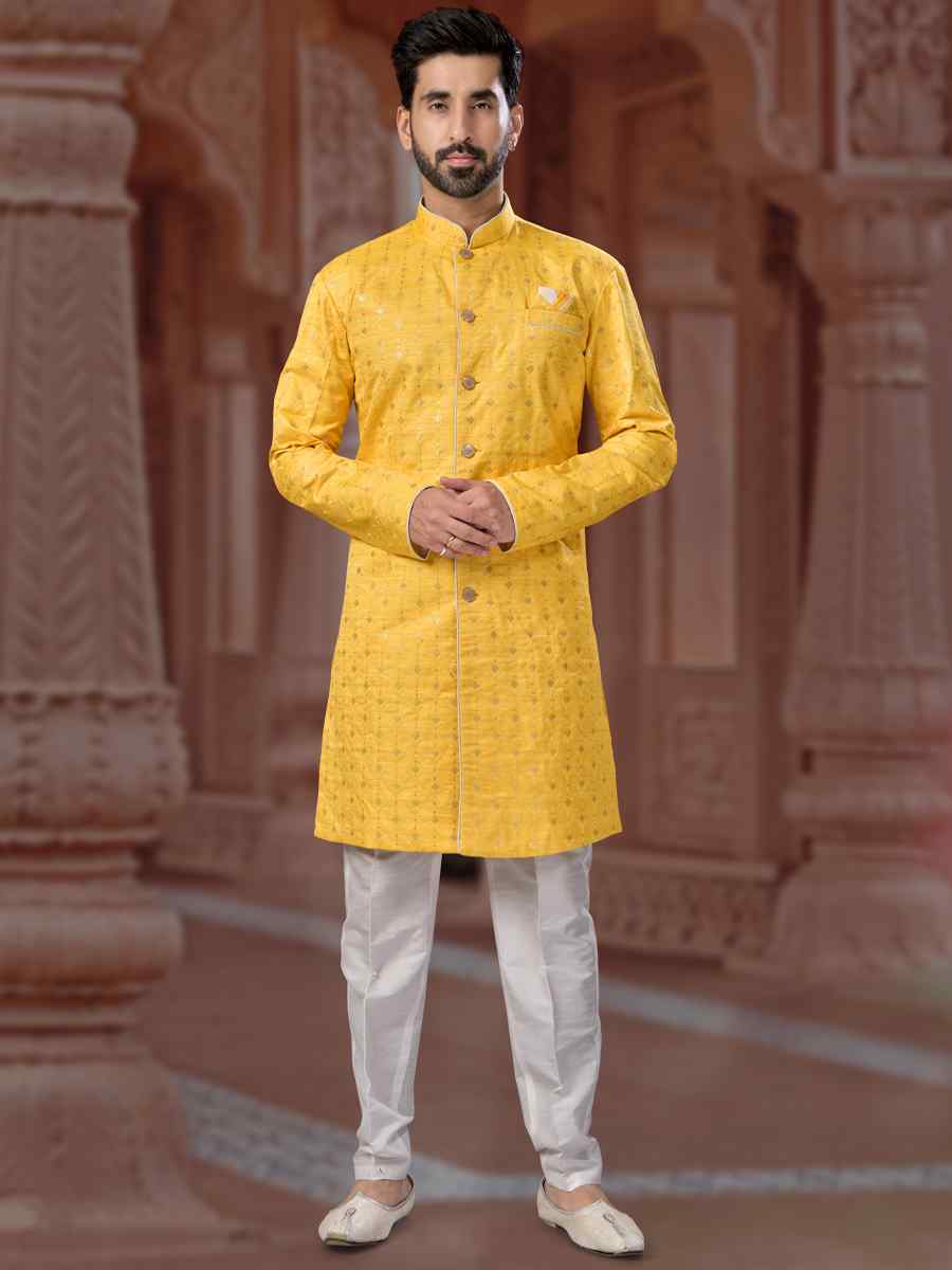 Yellow Banglori Silk Embroidered Groom Wedding Sherwani