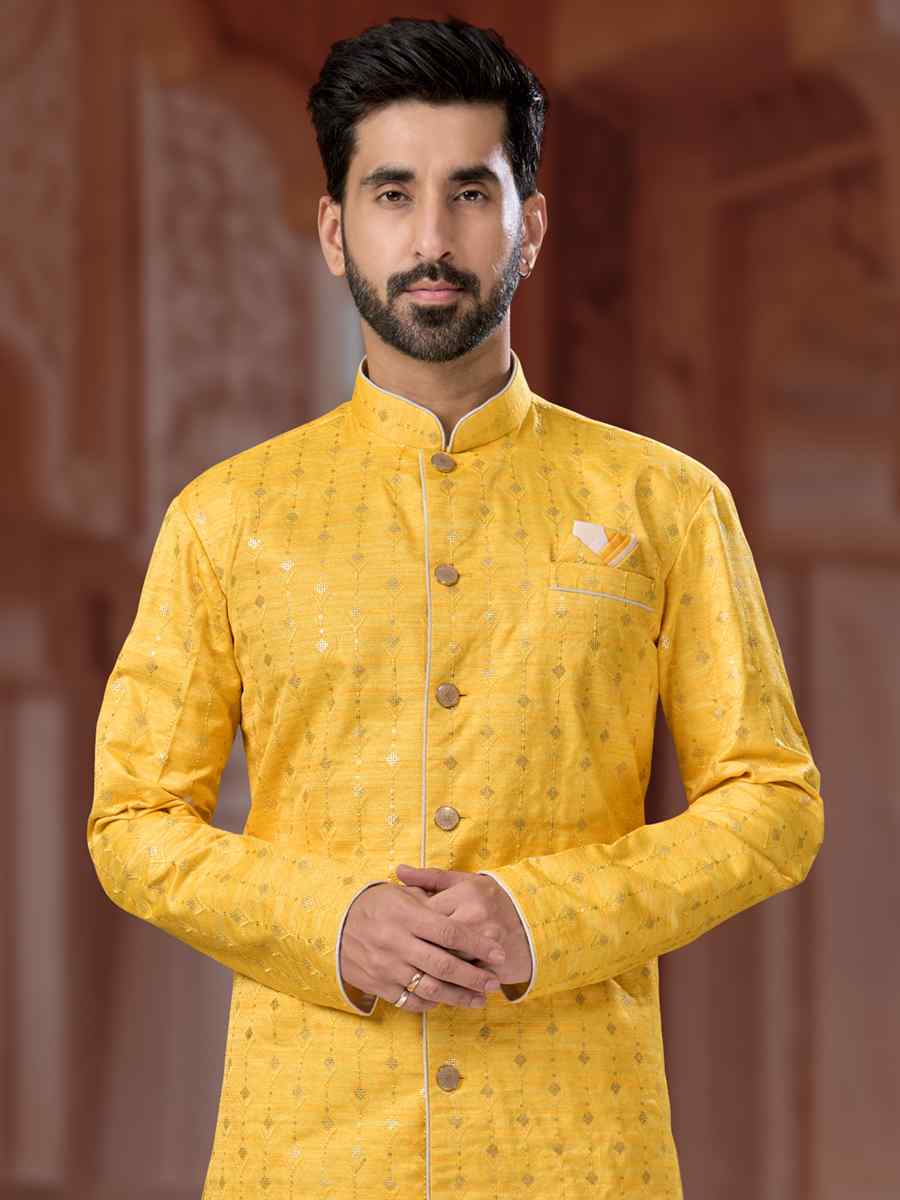 Yellow Banglori Silk Embroidered Groom Wedding Sherwani