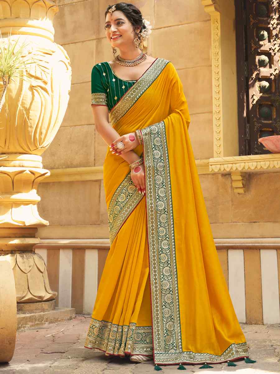 Yellow Banglory Silk Embroidered Wedding Festival Heavy Border Saree