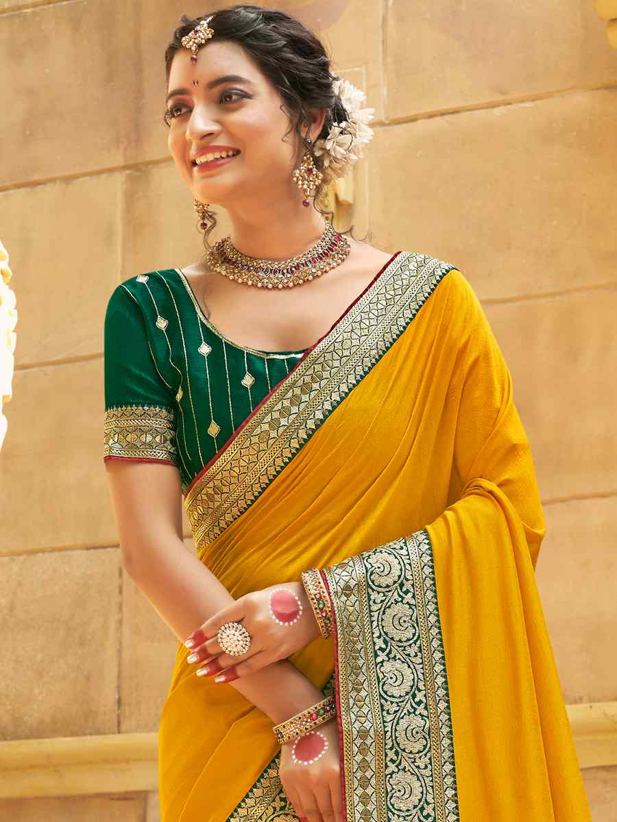 Yellow Banglory Silk Embroidered Wedding Festival Heavy Border Saree