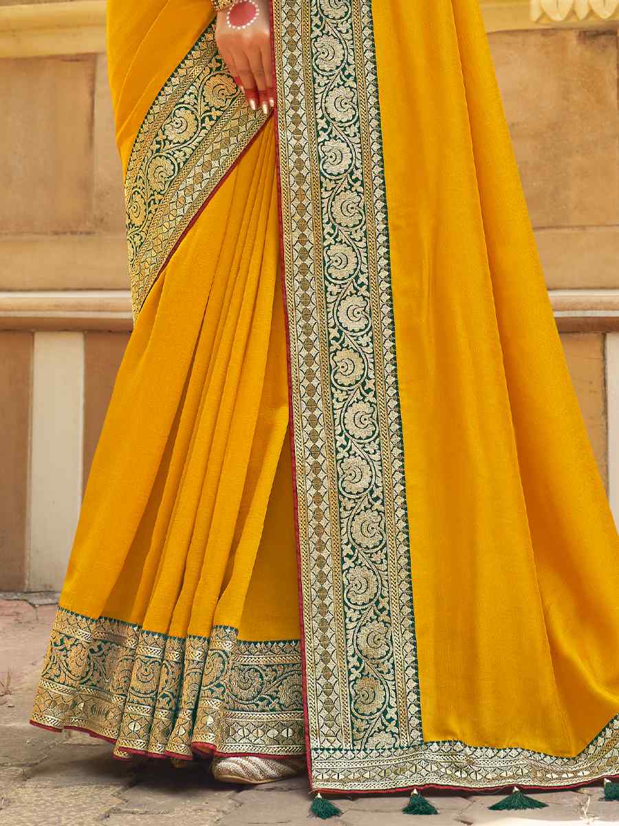 Yellow Banglory Silk Embroidered Wedding Festival Heavy Border Saree