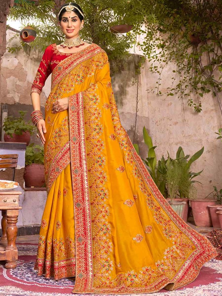 Yellow Banarasi Soft Silk Handwoven Wedding Festival Heavy Border Saree