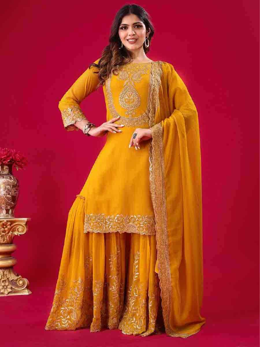 Yellow Blooming Faux Georgette Embroidered Party Wedding Ready Sharara Pant Salwar Kameez